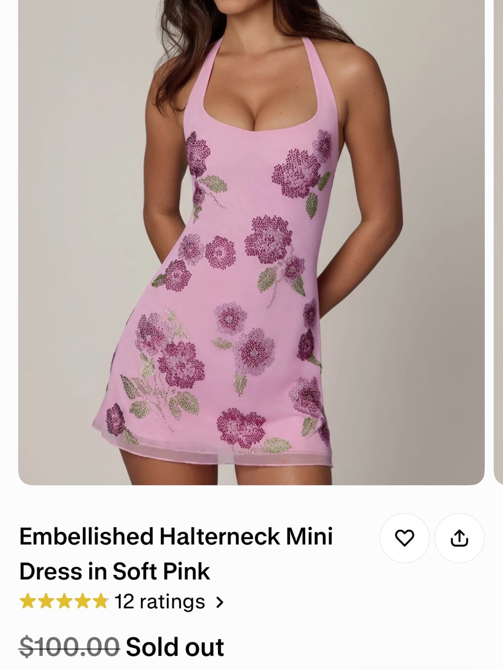 Oh Polly Pink Floral Embellished Halterneck Mini Dress